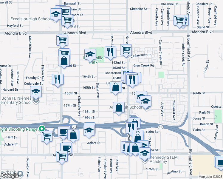 map of restaurants, bars, coffee shops, grocery stores, and more near 12047 166th Street in Norwalk