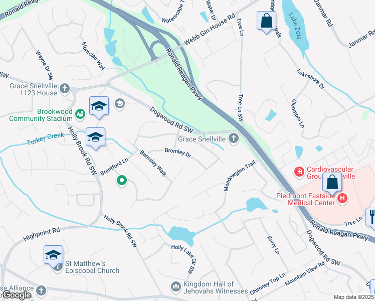 map of restaurants, bars, coffee shops, grocery stores, and more near 1402 Bromley Drive in Snellville