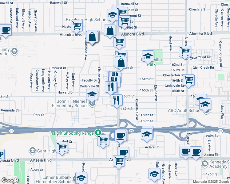 map of restaurants, bars, coffee shops, grocery stores, and more near 16511 Pioneer Boulevard in Norwalk