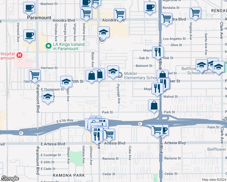 map of restaurants, bars, coffee shops, grocery stores, and more near 16840 Verdura Avenue in Paramount