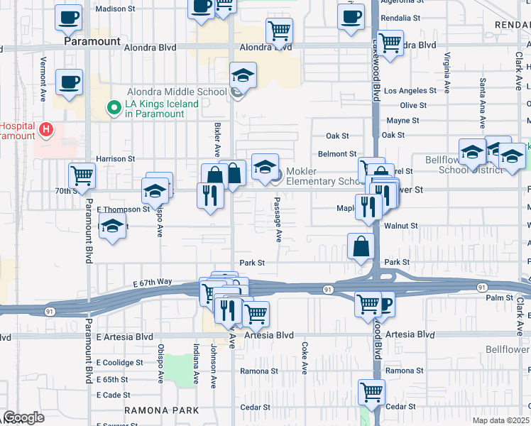 map of restaurants, bars, coffee shops, grocery stores, and more near 16840 Verdura Avenue in Paramount