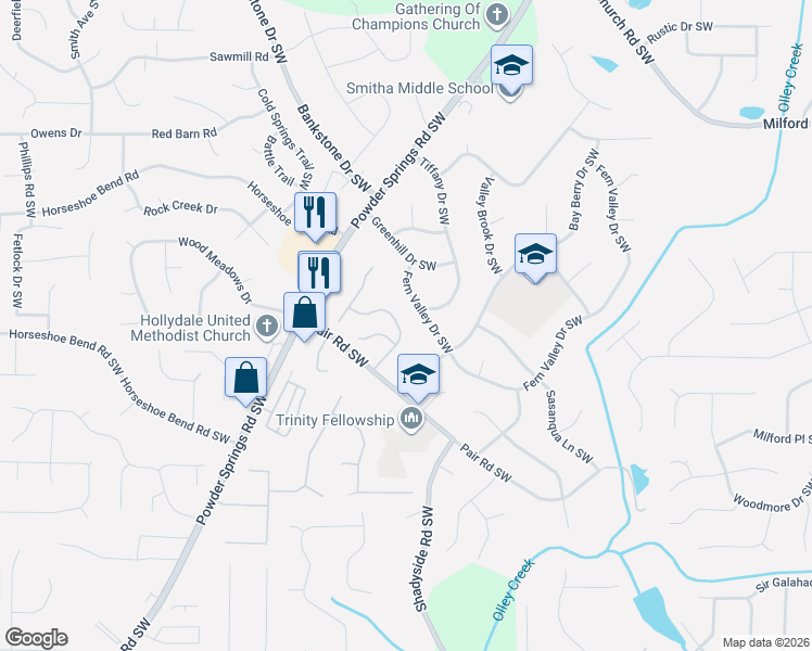 map of restaurants, bars, coffee shops, grocery stores, and more near 2998 Garland Drive Southwest in Marietta