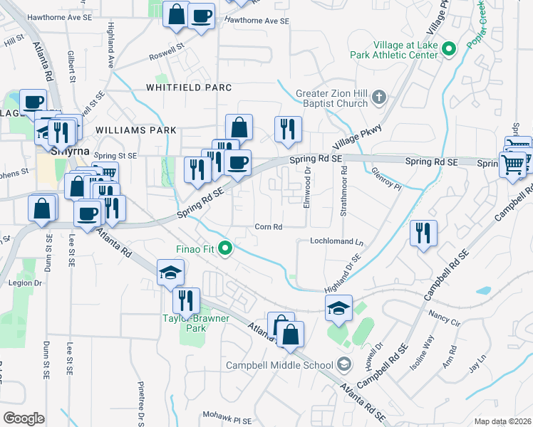 map of restaurants, bars, coffee shops, grocery stores, and more near 2994 Lexington Trace Drive in Smyrna