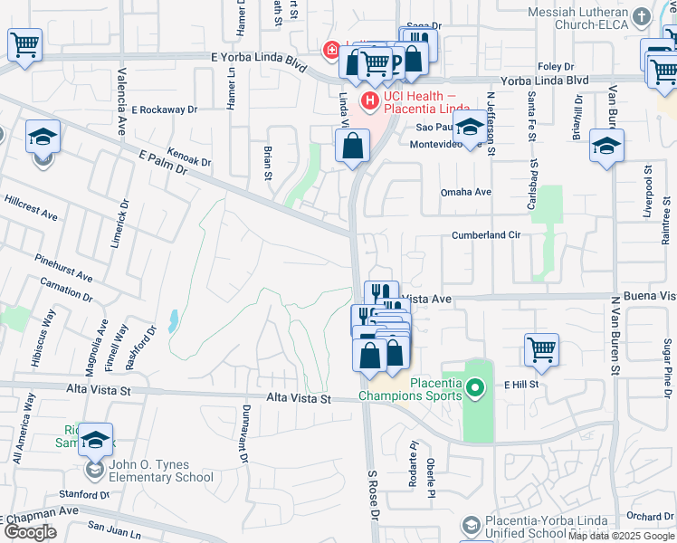 map of restaurants, bars, coffee shops, grocery stores, and more near 1112 Powell Drive in Placentia