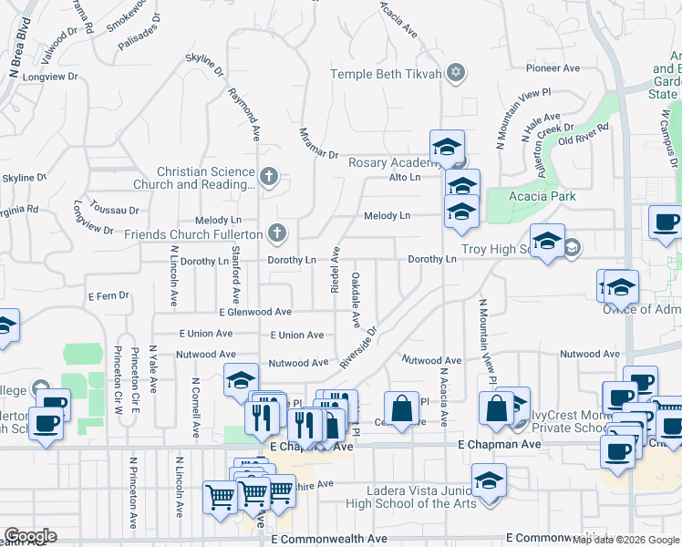 map of restaurants, bars, coffee shops, grocery stores, and more near 1101 Oakdale Avenue in Fullerton