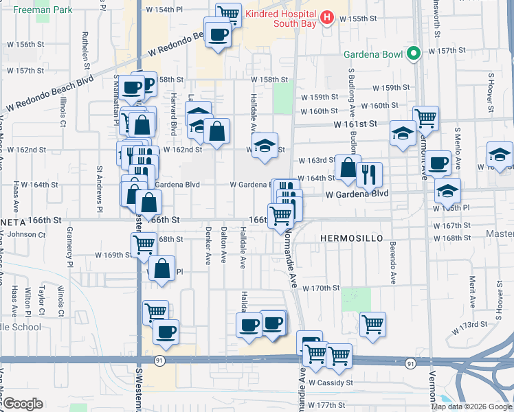 map of restaurants, bars, coffee shops, grocery stores, and more near 16508 Halldale Avenue in Gardena