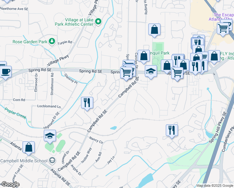 map of restaurants, bars, coffee shops, grocery stores, and more near 2107 Country Park Drive in Smyrna
