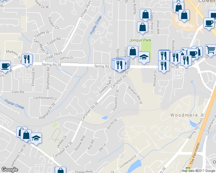 map of restaurants, bars, coffee shops, grocery stores, and more near 2101 Country Park Drive in Smyrna