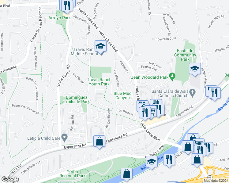 map of restaurants, bars, coffee shops, grocery stores, and more near 5535 Vía Mariposa in Yorba Linda