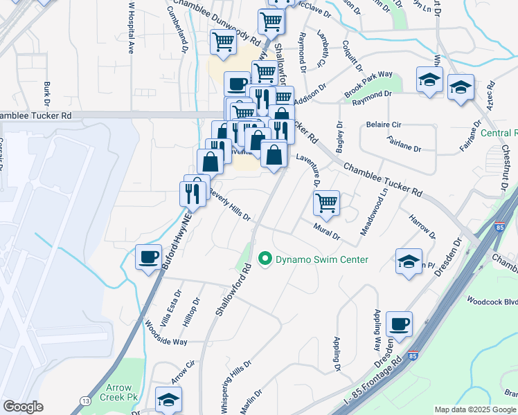 map of restaurants, bars, coffee shops, grocery stores, and more near 3188 Shallowford Road in Chamblee
