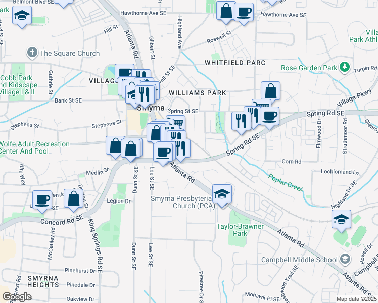 map of restaurants, bars, coffee shops, grocery stores, and more near 1455 Spring Road Southeast in Smyrna