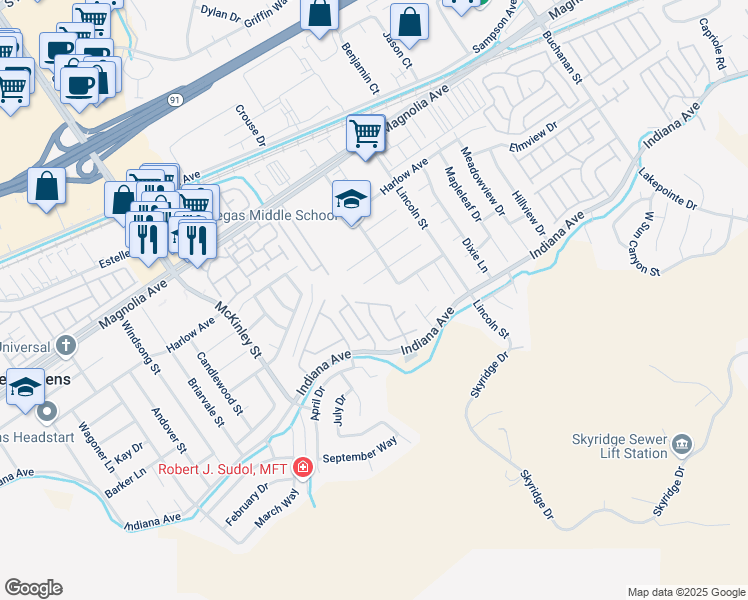 map of restaurants, bars, coffee shops, grocery stores, and more near 12847 December Court in Riverside