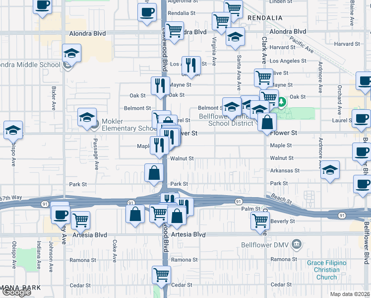 map of restaurants, bars, coffee shops, grocery stores, and more near 9033 Walnut Street in Bellflower