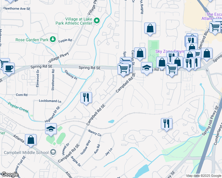 map of restaurants, bars, coffee shops, grocery stores, and more near 2308 Country Park Drive in Smyrna