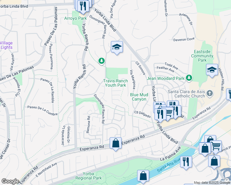map of restaurants, bars, coffee shops, grocery stores, and more near 21340 Vía Del Halcon in Yorba Linda