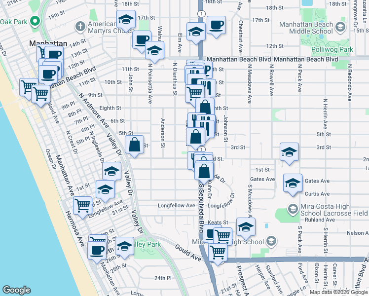 map of restaurants, bars, coffee shops, grocery stores, and more near 210 North Dianthus Street in Manhattan Beach