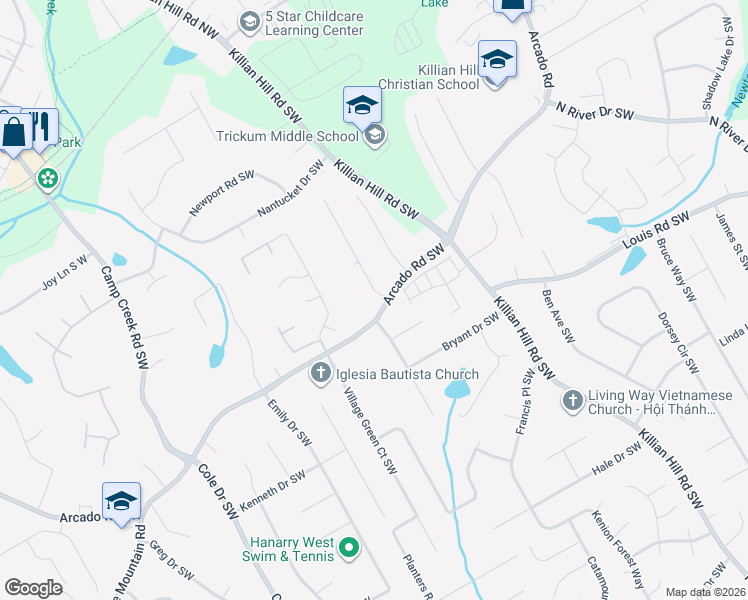 map of restaurants, bars, coffee shops, grocery stores, and more near 275 King David Drive Southwest in Lilburn