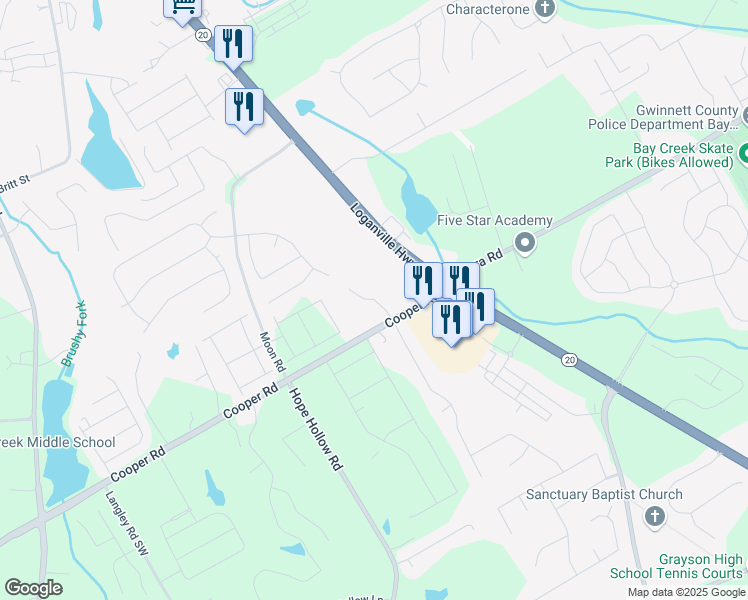 map of restaurants, bars, coffee shops, grocery stores, and more near Meadow Gate Way in Grayson