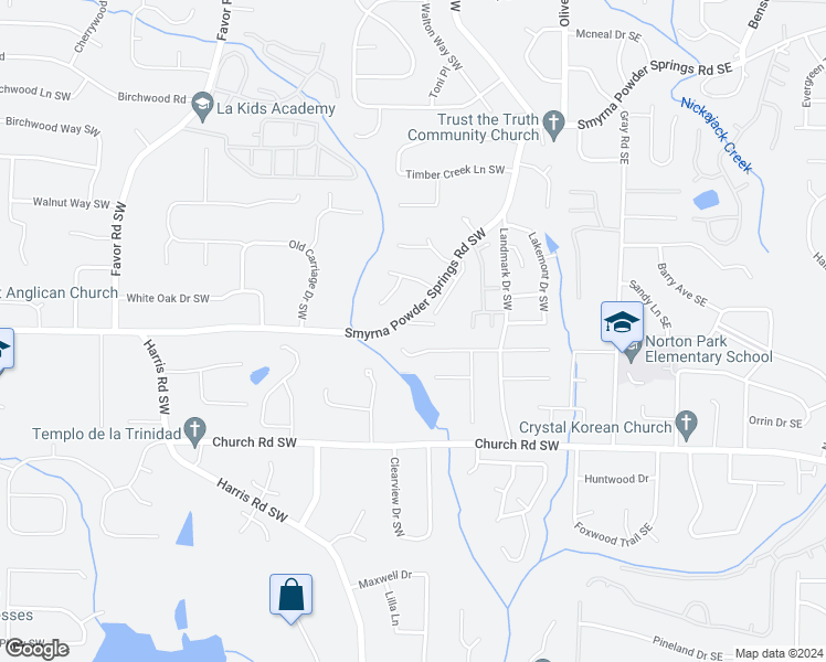 map of restaurants, bars, coffee shops, grocery stores, and more near 140 Springstead Court Southwest in Marietta