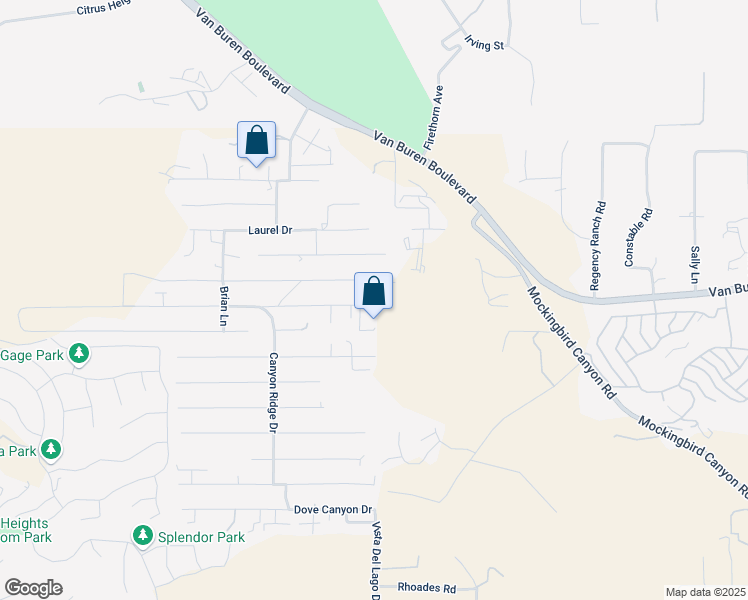 map of restaurants, bars, coffee shops, grocery stores, and more near 14495 Harvey Lane in Riverside