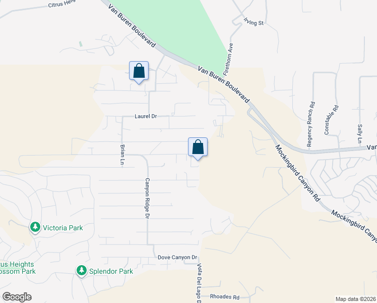 map of restaurants, bars, coffee shops, grocery stores, and more near 14425 Harvey Lane in Riverside