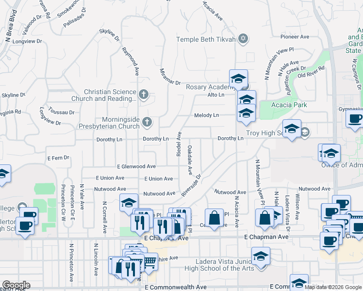 map of restaurants, bars, coffee shops, grocery stores, and more near 1101 Oakdale Avenue in Fullerton