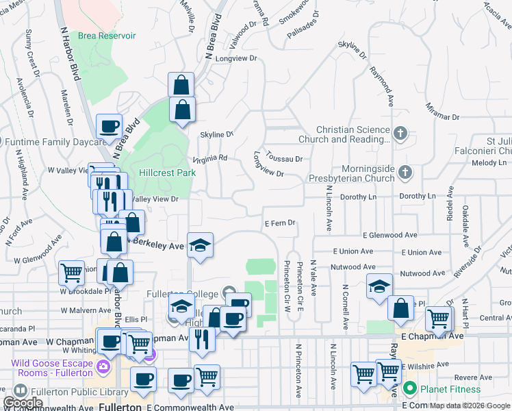map of restaurants, bars, coffee shops, grocery stores, and more near 600 Dorothy Lane in Fullerton