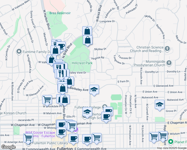 map of restaurants, bars, coffee shops, grocery stores, and more near 1100 North Lemon Street in Fullerton