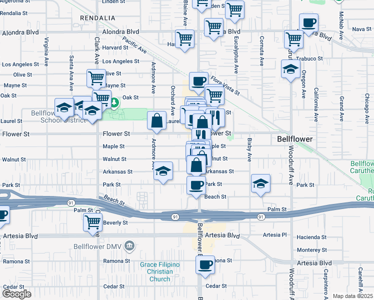 map of restaurants, bars, coffee shops, grocery stores, and more near 9727 Walnut Street in Bellflower