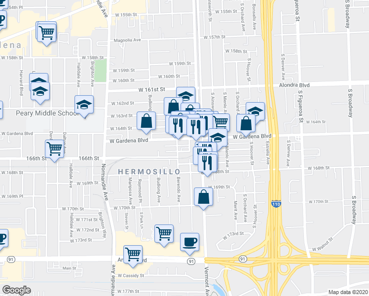 map of restaurants, bars, coffee shops, grocery stores, and more near 1050 West 165th Place in Gardena