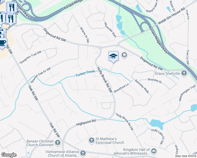 map of restaurants, bars, coffee shops, grocery stores, and more near 2710 Runnelwood Lane in Snellville
