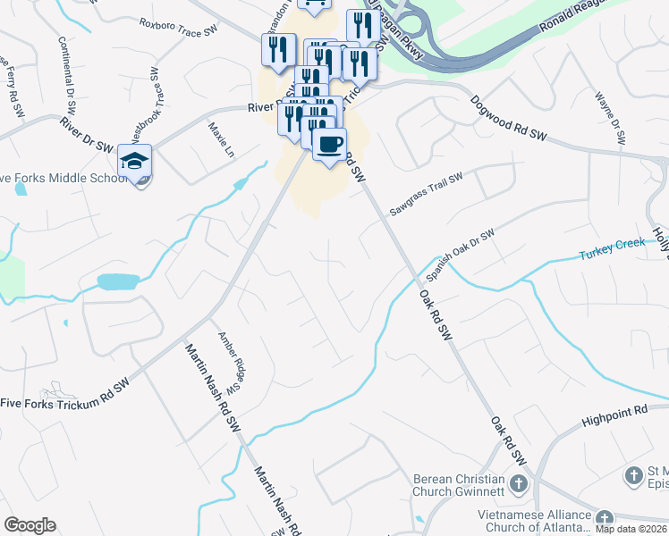 map of restaurants, bars, coffee shops, grocery stores, and more near 1075 Wake Robin Circle Southwest in Lilburn