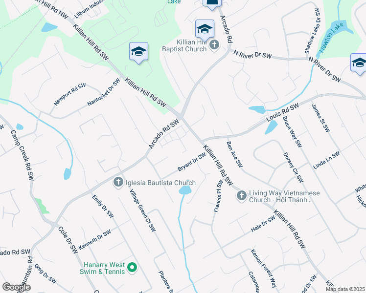 map of restaurants, bars, coffee shops, grocery stores, and more near 151 Dewey Road in Lilburn