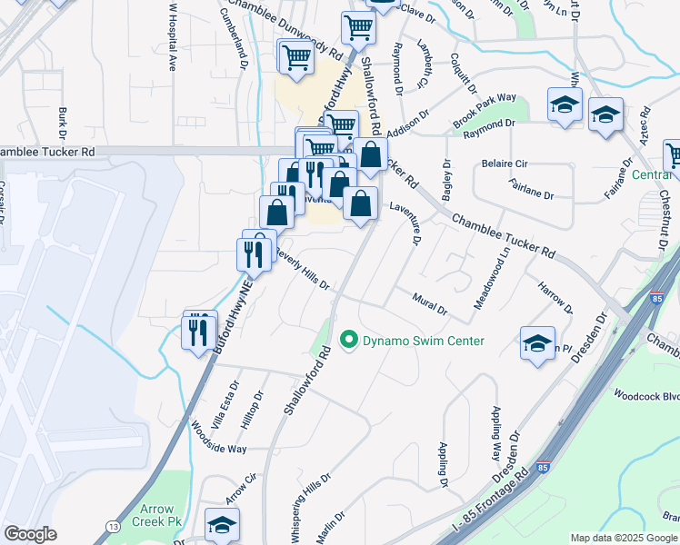 map of restaurants, bars, coffee shops, grocery stores, and more near 3188 Shallowford Road in Chamblee
