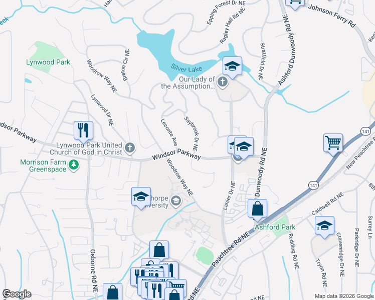map of restaurants, bars, coffee shops, grocery stores, and more near 1529 Windsor Parkway in Atlanta
