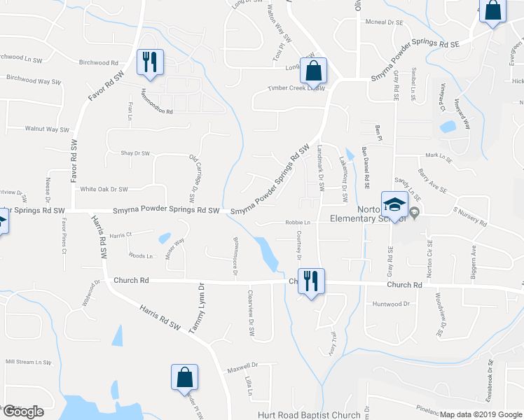 map of restaurants, bars, coffee shops, grocery stores, and more near 140 Springstead Court Southwest in Marietta