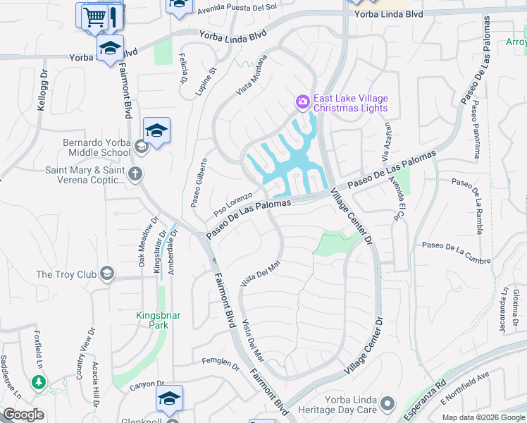 map of restaurants, bars, coffee shops, grocery stores, and more near 5415 Vista Del Mar in Yorba Linda