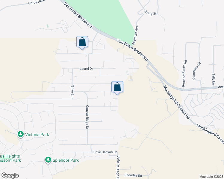 map of restaurants, bars, coffee shops, grocery stores, and more near 14425 Harvey Lane in Riverside