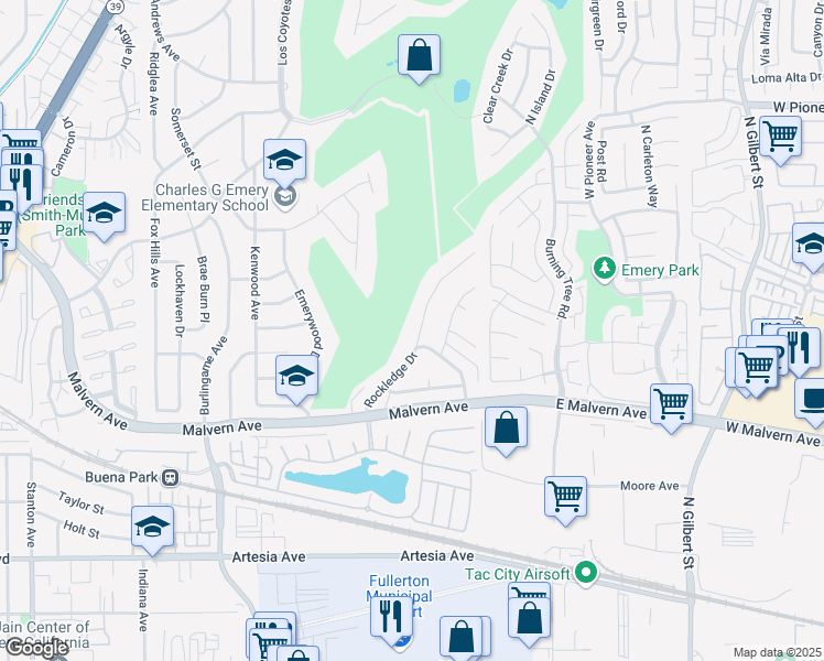 map of restaurants, bars, coffee shops, grocery stores, and more near 5491 Rockledge Drive in Buena Park