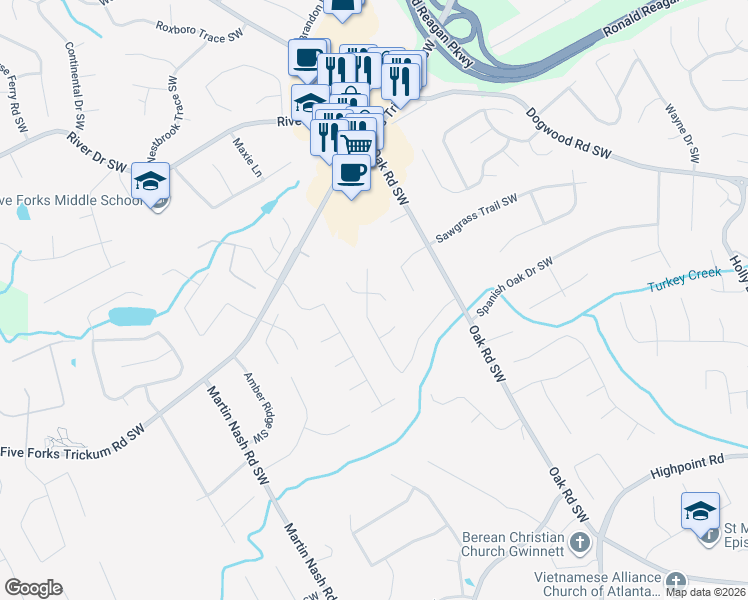 map of restaurants, bars, coffee shops, grocery stores, and more near 1075 Wake Robin Cir SW in Lilburn