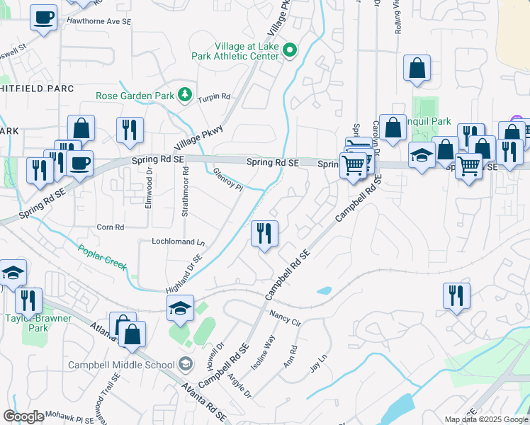 map of restaurants, bars, coffee shops, grocery stores, and more near 1809 Countryside Place in Smyrna