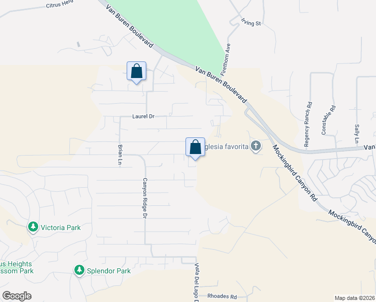 map of restaurants, bars, coffee shops, grocery stores, and more near 14425 Harvey Lane in Riverside