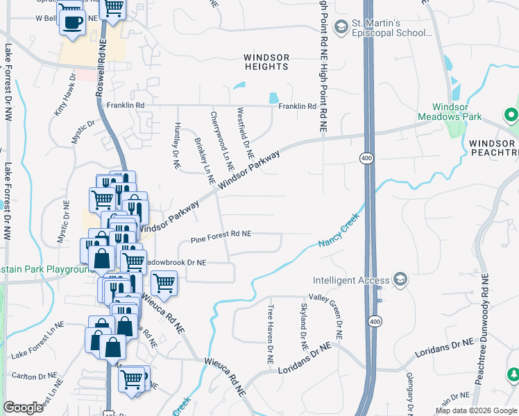 map of restaurants, bars, coffee shops, grocery stores, and more near 470 Brookfield Drive Northeast in Atlanta