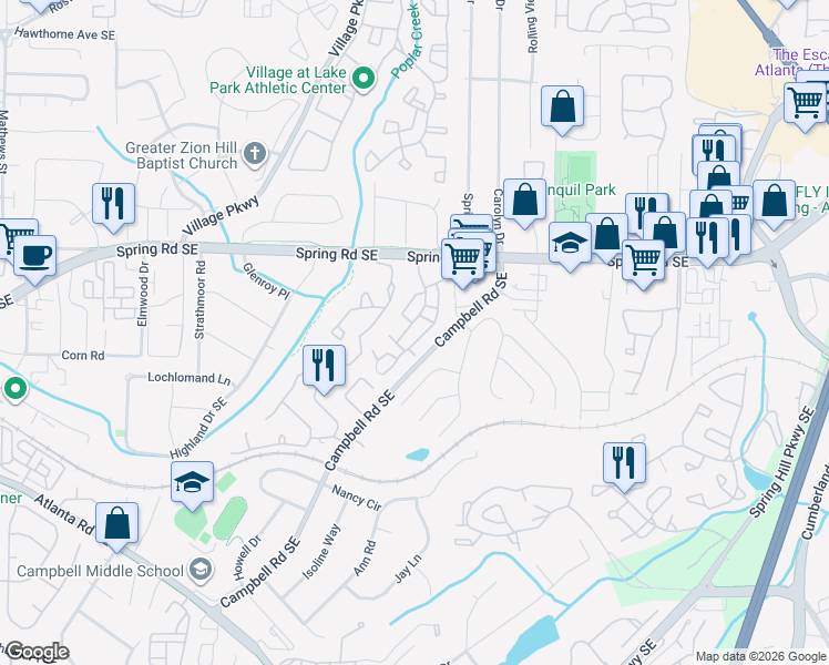 map of restaurants, bars, coffee shops, grocery stores, and more near 2204 Country Park Drive in Smyrna