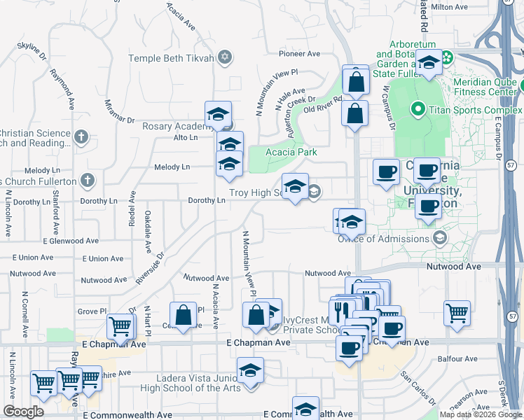 map of restaurants, bars, coffee shops, grocery stores, and more near 2033 East Fern Drive in Fullerton
