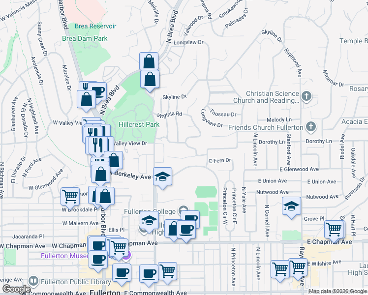 map of restaurants, bars, coffee shops, grocery stores, and more near 1135 Sheppard Drive in Fullerton