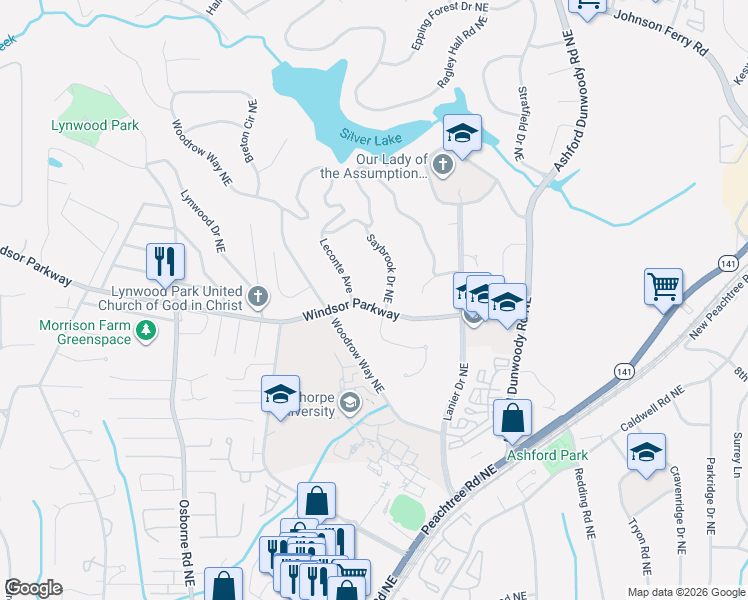 map of restaurants, bars, coffee shops, grocery stores, and more near 1529 Windsor Parkway in Atlanta