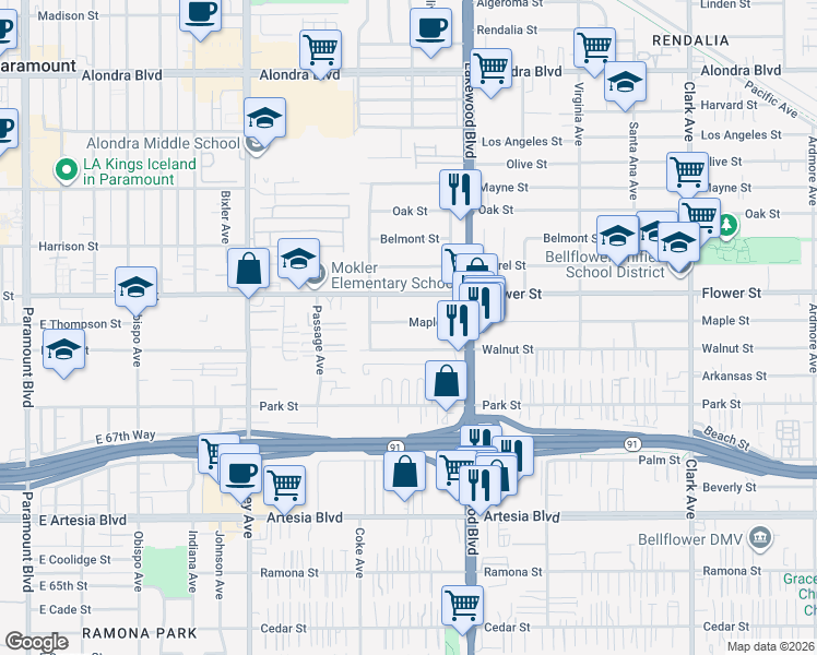 map of restaurants, bars, coffee shops, grocery stores, and more near 8742 Maple Street in Bellflower