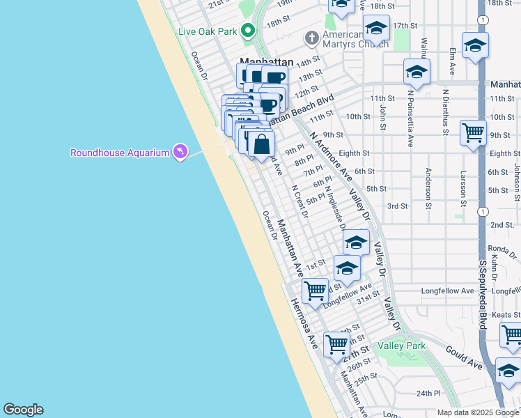 map of restaurants, bars, coffee shops, grocery stores, and more near in Manhattan Beach
