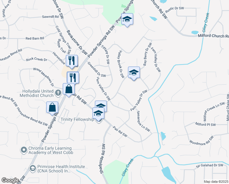 map of restaurants, bars, coffee shops, grocery stores, and more near 2989 Bay Berry Drive Southwest in Marietta